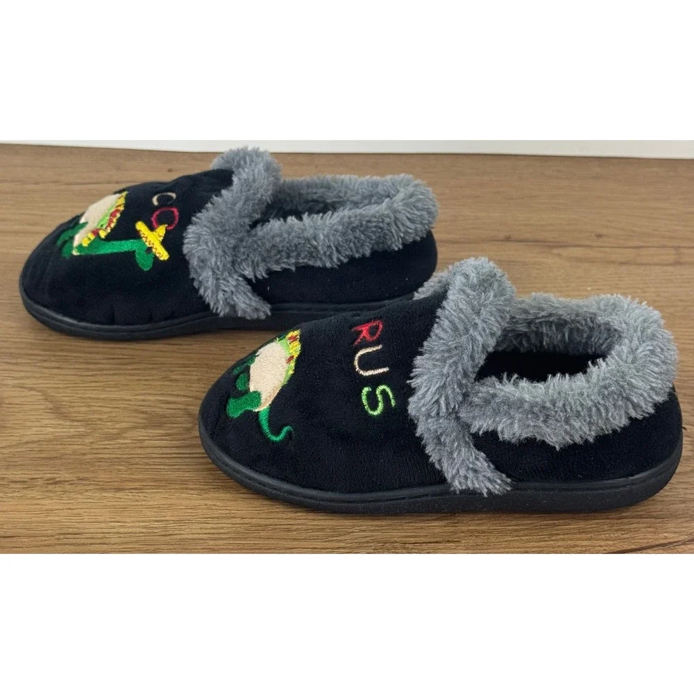 Wonder Nation Dinosaur Slippers Kids Size 9-10 Black Faux Fur Sombrero SAURUS